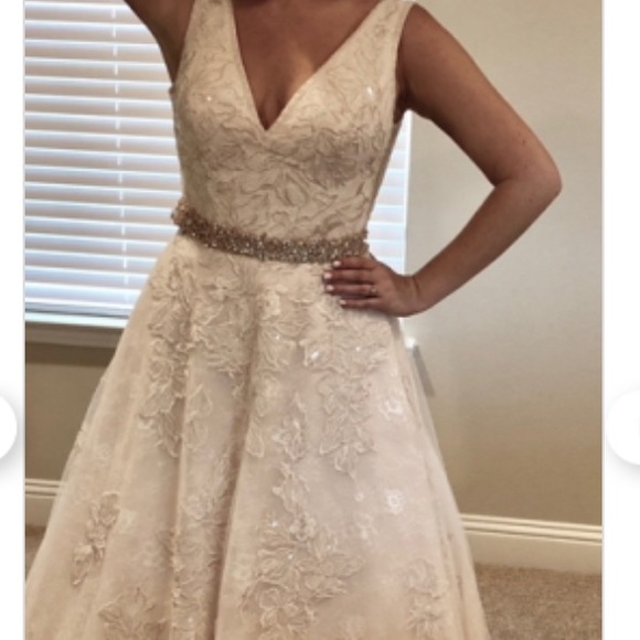 Appliqued Tulle-Over-Lace A-Line Wedding Dress - Picture 6 of 7